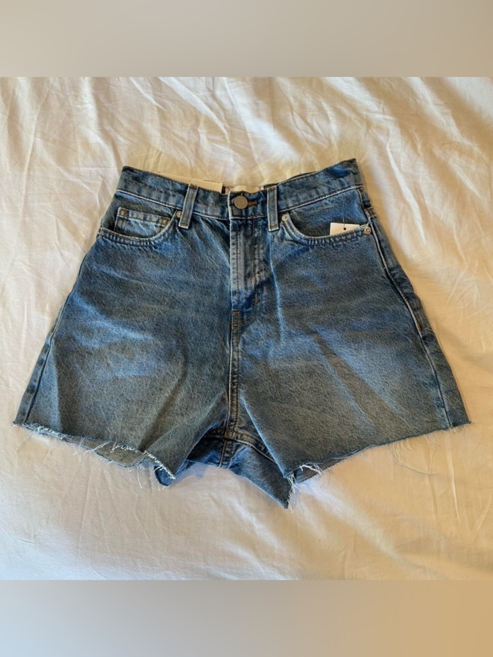 BDG Medium Blue High-Rise Frayed Hem Denim Shorts